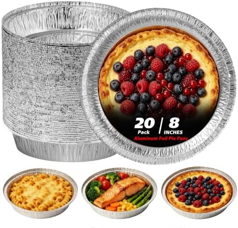 8" Round Aluminum Pans Pie Tins - 20 Pack Disposable Foil Baking Pans for Pies, Pot Pies, Quiche, Tarts and Casseroles, Oven/Freezer Safe Cake Baking Pans