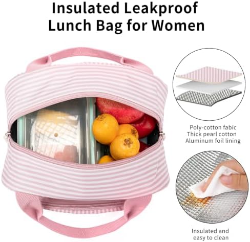 Lunch Bag Women Lunch Box for Women Adult Cute Insulated Lunch Bag Small Cooler Lunch Tote Bags for Work Picnic Travel (Pink Stripes)