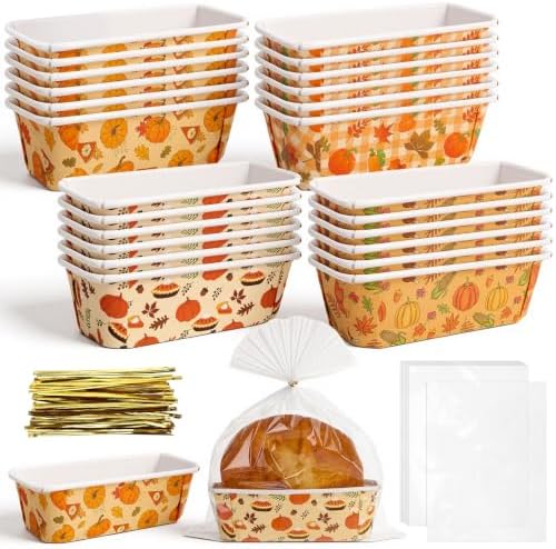 24 Sets Fall Paper Loaf Pan 6.3 x 2.2 x 2.2 Inch Disposable Mini Cake Pan with Clear Plastic Bags and Ties Rectangular Baking Mold for Thanksgiving Autumn Bread Brownies