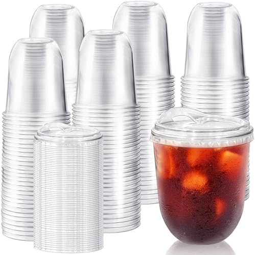 100 Pack 12 oz Clear Plastic Iced Coffee Cups with Strawless Sip Lids