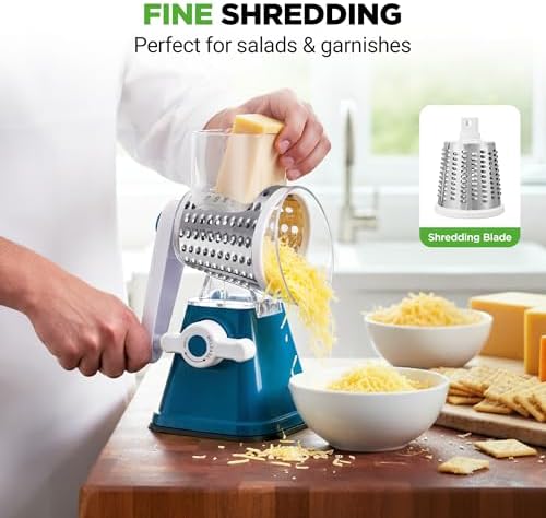 NutriChef 3 in 1 Cheese Grater & Shredder | Strong Suction Base, Rotary Handle with Safety Lock | Includes Hand Crank & 3 Drum Blades for 3 Textures, Fine, Medium & Strips | Blue