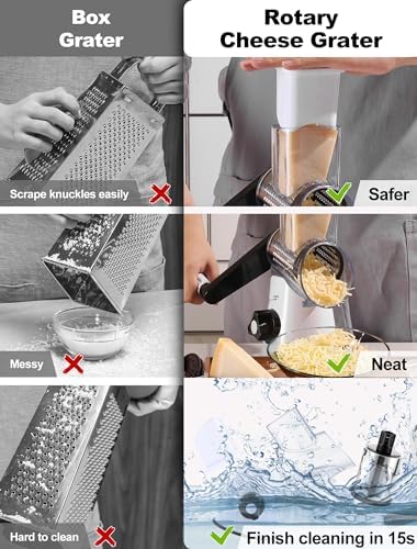 Cheese Grater Rotary, Rotary Grater for Kitchen, Kitchen Grater Vegetable Slicer with 3 Drum Blades, Fast Cutting Cheese Shredder for Vegetables and Nuts