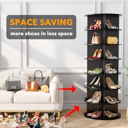 SpaceAid 7 Tier Rotating Shoe Rack Tower, Spinning Shoe Display Lazy Susan, Revolving 360 Shoe Rack Storage Round Carousel, Vertical Handbag Rotate Shoes Closet Organization (7-Tier Black)