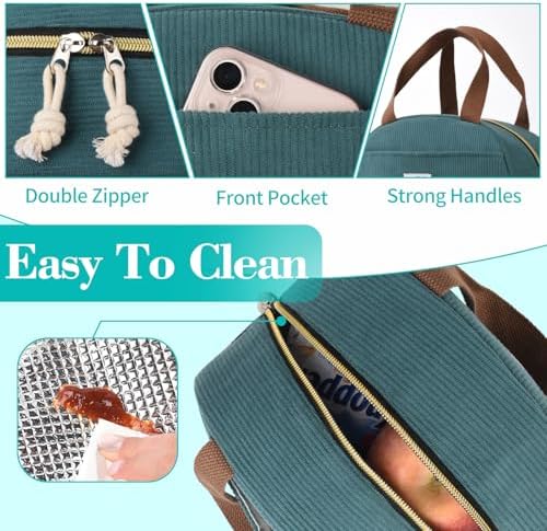 CaCTOUR Lunch Box for Women Girls Teens,Cute Lunch Box Cooler Bag, Portable Insulated Small Lunch Bag Women Reusable Corduroy Lunch Tote for Work/Travel/Picnic/School (Flower/Lake Green,Small)