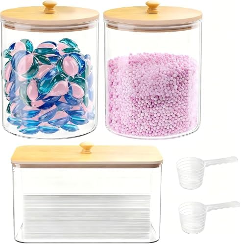 HomePekite Glass Laundry Pods Storage Container & Acrylic Dryer Sheet Holder, Laundry Room Organization and Storage, Detergent Powder Container, with Wooden Lids & Labels, 2+1 Pack