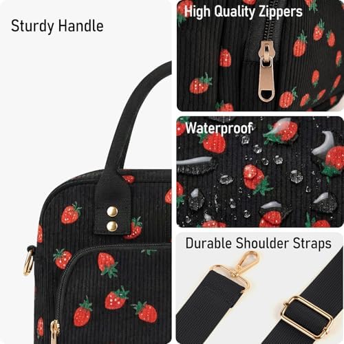 Lunch Bag Large Insulated Lunch Box for Women Adult Cute Pink Strawberry Lunchbox Corduroy Lunch Bags Boxes Pail with Shoulder Strap for Work (Black strawberry)