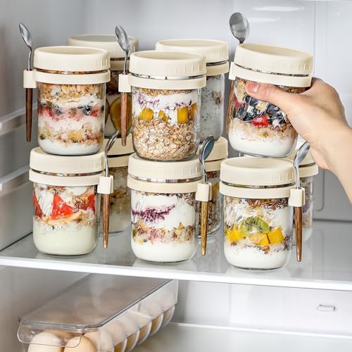 LANDNEOO 4 Pack Overnight Oats Containers with Lids and Spoons, 16 oz Glass Mason Jars with Airtight Lids, Overnight Oats Jars for Milk, Cereal, Fruit-Beige