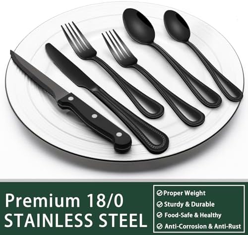 EWFEN 24-Piece Black Silverware Set with Steak Knives, Black Flatware Set for 4, Food-Grade Stainless Steel Tableware Cutlery Set, Mirror Finished Utensil Sets for Home Restaurant, Pearled Edge
