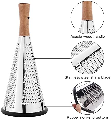 Cone Cheese Grater with Handle - Stainless Steel Triple Function Wood Handle Parmesan Shaver Non-Slip Rubber Bottom Hand Held Multifunction Vegetables Cheese Grater with container (M: 9.4" X 4.3")