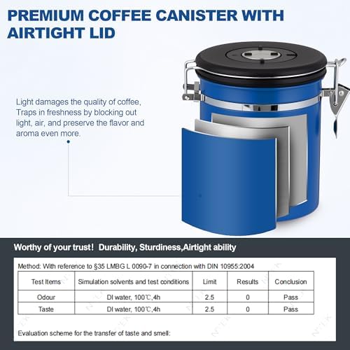 ShanSon Coffee Canister Airtight, Stainless Steel Bean Storage Container with Date Tracker & Scoop, Grounds Sugar Flour Tea Cereal Fits Kitchen Pantry, Ideal Gift for Coffee Lovers,12oz,Blue