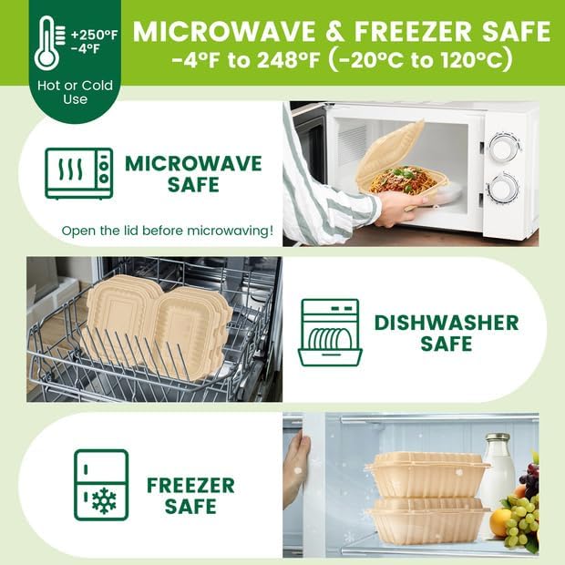 Clamshell Food Containers with Lids, 50 Pack-28oz Take Out Boxes Disposable Meal Prep Containers Natural Rice Husk Material Durable To Go Containers for Pasta Salad Sandwich Microwave Freezer Safe