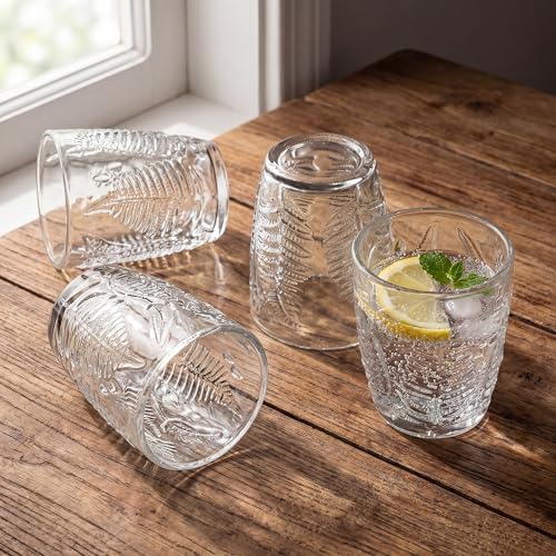 Clear Drinking Glasses Set of 4, 10 oz Glass Cups, Vintage Fern Glassware