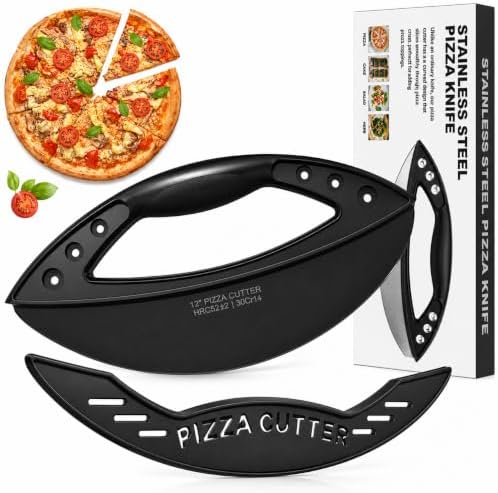 AILUROPODA 12-Inch Pizza Rocker Blade Cutter, Stainless Steel with Protective Cover, Black