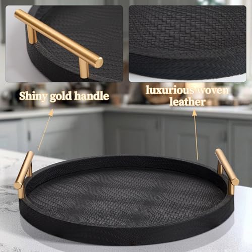 2 Piece Black Round Serving Tray with Handles, Woven-Texture Faux Leather Ottoman Tray for Living Room, Decorative Tray for Coffee Table Home Decor