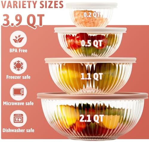 Glass Mixing Bowls with Lids Sets, 4 PCS Serving Bowls for Party or Kitchen