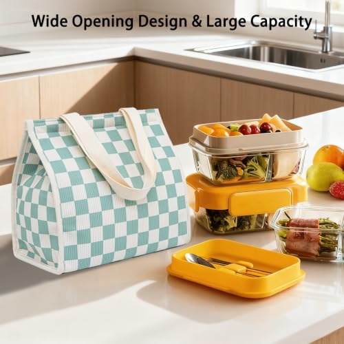 Insulated Lunch Bag for Work, 10.2"x5.9"x10.2" Oxford Waterproof Lunch Tote, Thermal Lunch Box for Office, Picnic & Outdoor, Striped Canvas Tote Bag -Check Green