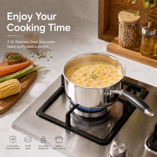 TeamFar Sauce Pan, 2 Quart Stainless Steel Saucepan with Lid