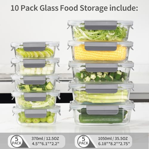 AILTEC Glass Food Storage Containers with Lids, 10 Pack Meal Prep Set