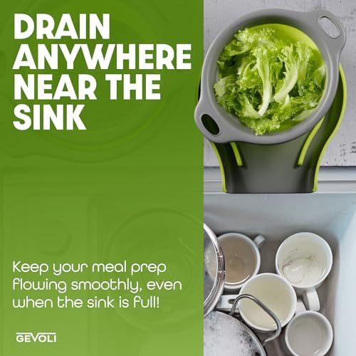 Gevoli 3-Pack Collapsible Colanders with Self-Draining Base, Over Sink-edge Silicone Food Strainers, Small/Med/Large Sizes, Nesting for Easy Compact Storage (3Qt, 4Qt, 5-Quart Set) Green/Gray
