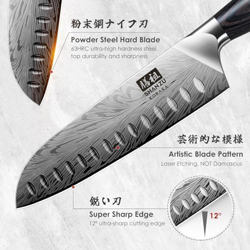 SHAN ZU Kitchen Knife, Santoku Knife 20cm Professional High Carbon Powder Steel Japanese Knives, Ultra Sharp Kitchen Utility Knives with Ergonomic Pakka Wooden Handle