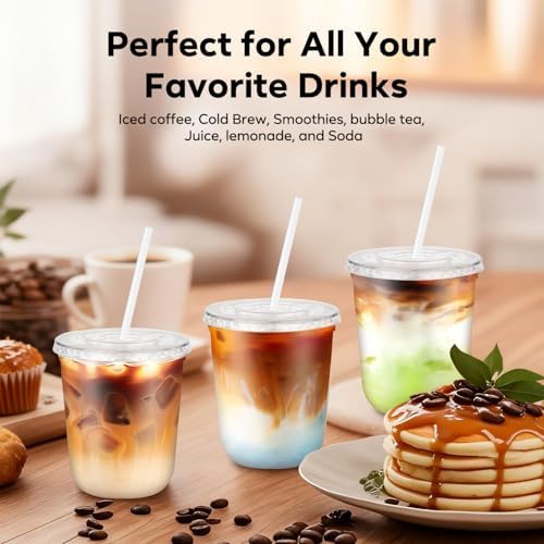 100 Pack 12 oz Plastic Cups with Lids and Straws, Disposable Clear Cups
