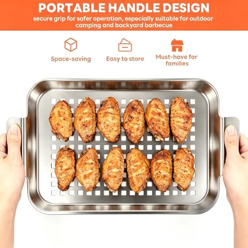 2PCS Grill pan, Stainless Steel BBQ Grill Topper for Outdoor Grill with Hole, suitable for picnicking, camping, yard (2 pieces)