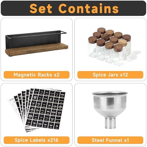 Wooden Lid Magnetic Spice Rack with 12 Jars, 216 Labels, 1 Steel Funnel for Refrigerator，Microwave Oven - Full Set of Spice Organizer