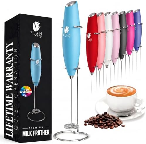 Bean Envy Milk Frother Handheld - Coffee Mixer Wand with Stand - Light Blue