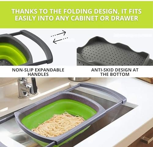3PCS Green Foldable Kitchen Strainer Set – Silicone Colander Collapsible Strainers and Colanders Green Collander for Kitchen Collapsible Compact Drain Tools for Cooking Prep