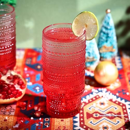 Large Capacity 16 oz Hobnail Drinking Glasses Set of 6, Vintage Glassware Drinking Glasses, Gradual Red Water Glasses Tumbler, Christmas Gifts for Women