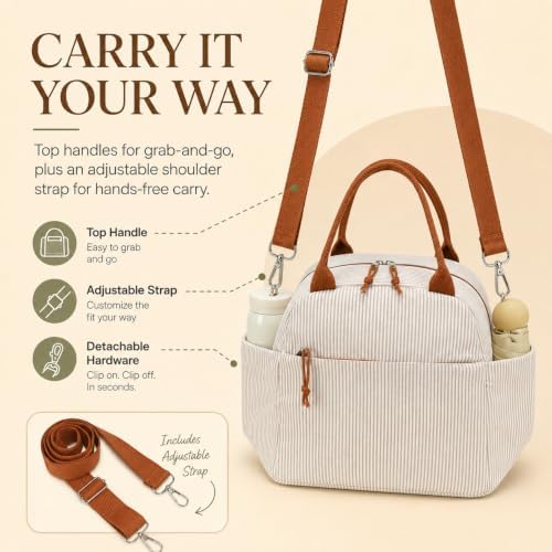 Bluboon Lunch Box for Women Cute Lunch Bag Reusable Insulated Lunch Bags Large Capacity Lunchbox Cooler for Work Picnic or Travel Gifts (Light Khaki White Stripes-13L, 10 x 7.5 x 8 inches)