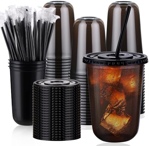 tchrules 100 Set 16oz Black Plastic Disposable Cups with Lids and Straws