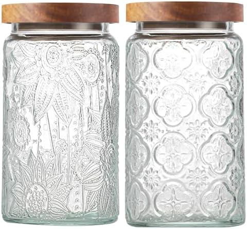 2-Pack 34 OZ Vintage Glass Jar with Lid, Airtight Food Storage Canisters with Bamboo for Kitchen Counter Pantry, Ideal for Coffee, Candy, Tea, Oats, Sugar, Cookies Decorative Jars
