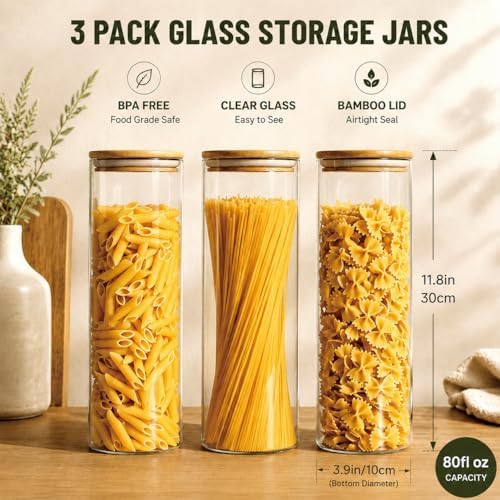 3 Pack 2300 ML / 80 FL Oz Glass Storage Container with Wood Lid, Stackable Clear Decorative Organizer Bottle Canister Pantry Jar with Air Tight Wooden Lid for or Pasta, Spaghetti, Noodles, Food, Coffe