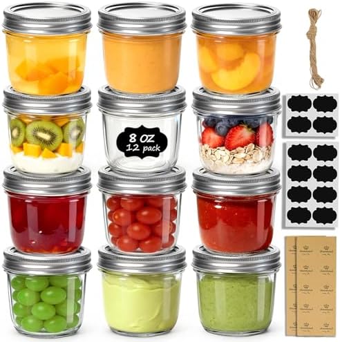 ComSaf 8 oz Wide Mouth Mason Jars Bulk Set, 12 Pack Small Jars with Lids