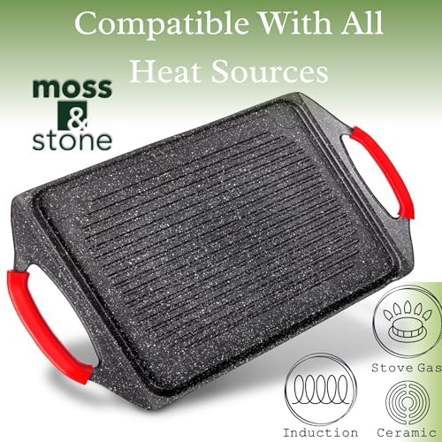 Moss & Stone Griddle Aluminum BBQ, Rectangle Grill Pan for Indoor Cooking