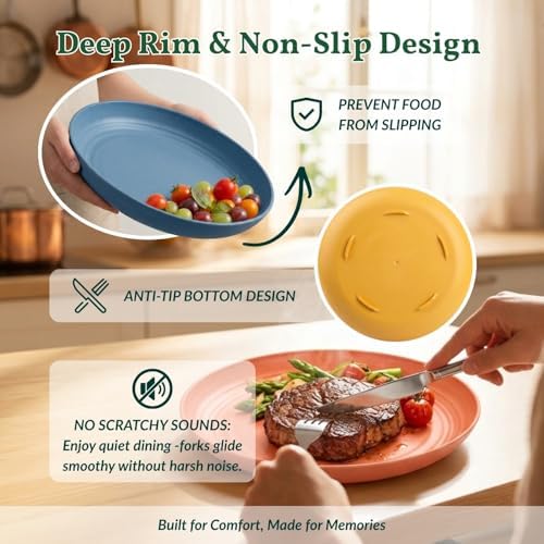 Homienly Deep Dinner Plates Set of 8 Alternative for Plastic Plates Microwave and Dishwasher Safe Wheat Straw Plates for Kitchen Unbreakable Salad Plate with 4 Colors (Colorful, 11 inch)
