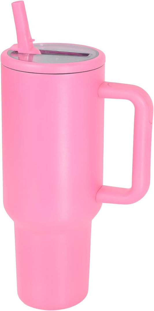 40 oz Insulated Tumbler with Handle,Flip Straw,Lid & Rubber Base Stainless Steel Water Bottle - Leak Proof Vacuum Insulated Mug BPA Free Reusable Travel Cup Gifts for Women/Men (bright pink)
