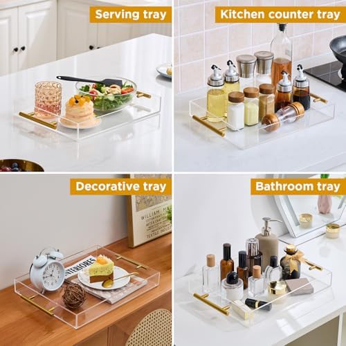 11"x14" Clear Acrylic Serving Tray with Golden Handles, Sturdy Huge Capacity Acrylic Tray for Coffee, Juice, Kitchen and Desk Organizer (11"x14")
