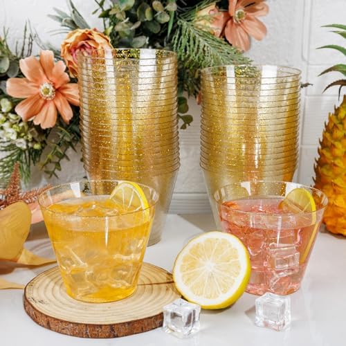 I00000 100 Pcs Gold Plastic Cups, 9 oz Hard Gold Glitter Disposable Cups