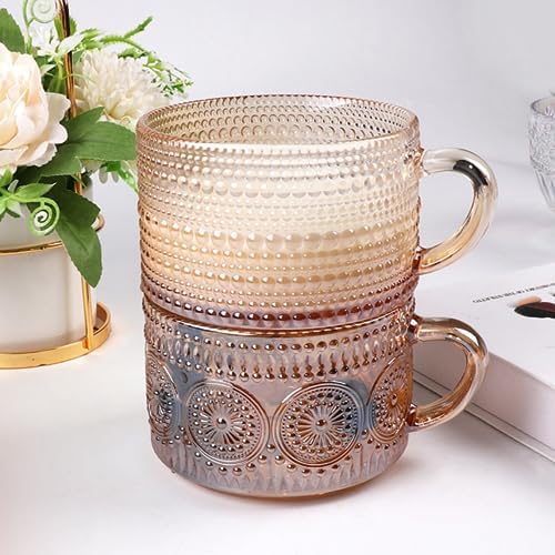 MFACOY Vintage Coffee Mugs Set of 2, 14 oz Glass Tea Cups with Handle, Amber Embossed Glass Cups for Cappuccino, Latte, Cereal, Milk, Hot or Cold Beverages