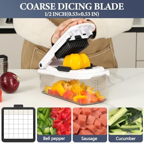 Ourokhome Chopper Vegetable Cutter with Container, Manual Hand Food Onion Dicer with 2 Chopping Blades for Potato Strips, Veggie Cubers, Carrot Sticks, Essential Kitchen Gadgets (2 in 1, White)