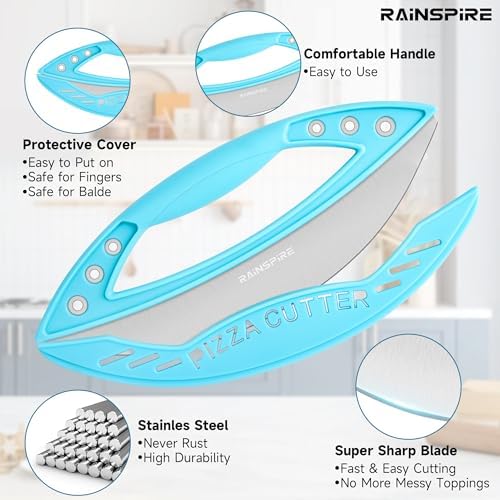 Rainspire 12" Pizza Cutter Rocker Blade Stainless Steel Pizza Rocker with Cover Sharp Blade Pizza Knife Dishwasher Safe Kitchen Gadgets Home Essentials (Blue)