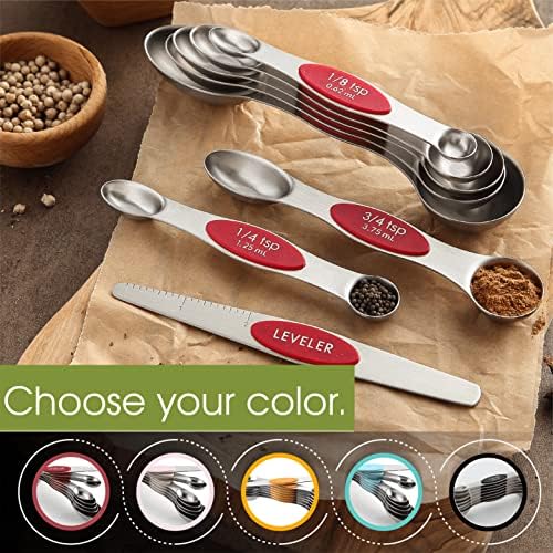 Spring Chef Stainless Steel 8 Magnetic Measuring Spoons Set, 2 Pack, Red