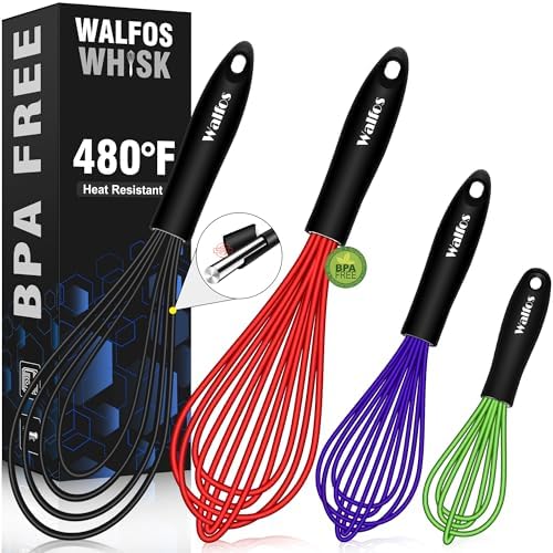 Walfos Whisk,Whisks for Cooking Non Scratch.Silicone Whisk Set of 4 Kitchen Whisks-11in Flat and 7+9+11in Balloon .Nice for Mixing,Whisking and Stirring.Dishwasher Safe.(4pcs-Colorful)
