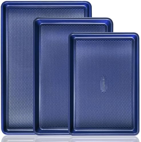 HONGBAKE Baking Sheet Pan Set, Cookie Sheets for Oven, Nonstick Half/Quarter/Jelly Roll Pans with Diamond Texture Pattern, Heavy Duty Cookie Tray, Dark Blue