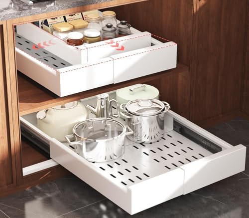 Seinloes Pull Out Cabinet Organizer,4-Side Expandable to Maximize Cabinet Space,Slide Out Drawers with 3 Rail Design,Roll Out Shelf with Raising Pad for Framed Cabinet,11"-16"W x 17"-24"D,White,2 Pack
