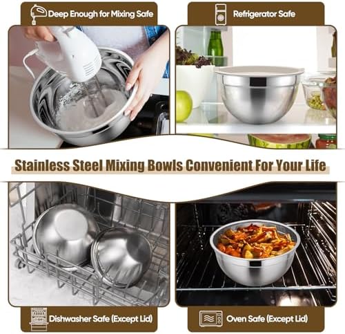 P&P CHEF Metal Mixing Bowls with Lids Set, Airtight Lids & Khaki
