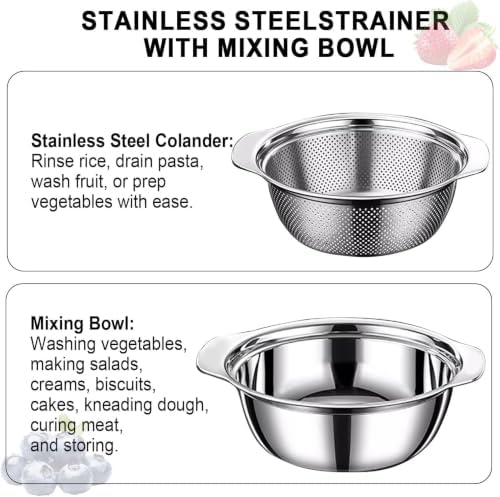 Stainless Steel Colander, 3.5 QT Metal Strainer with Bowl, Rice Strainer