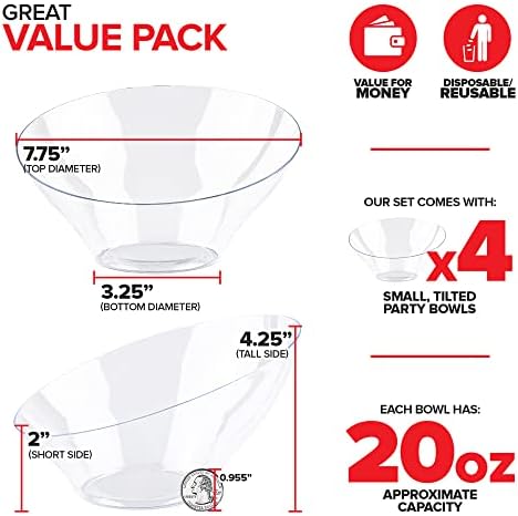 20oz Clear Plastic Serving Bowls (4 Pack) Medium Disposable Candy Dishes, Buffet Containers, Chips, Popcorn, Snacks, Mints, Salad Bar, Snack Bowl, Parties, Office Desk, Bridal Shower, Party Supplies